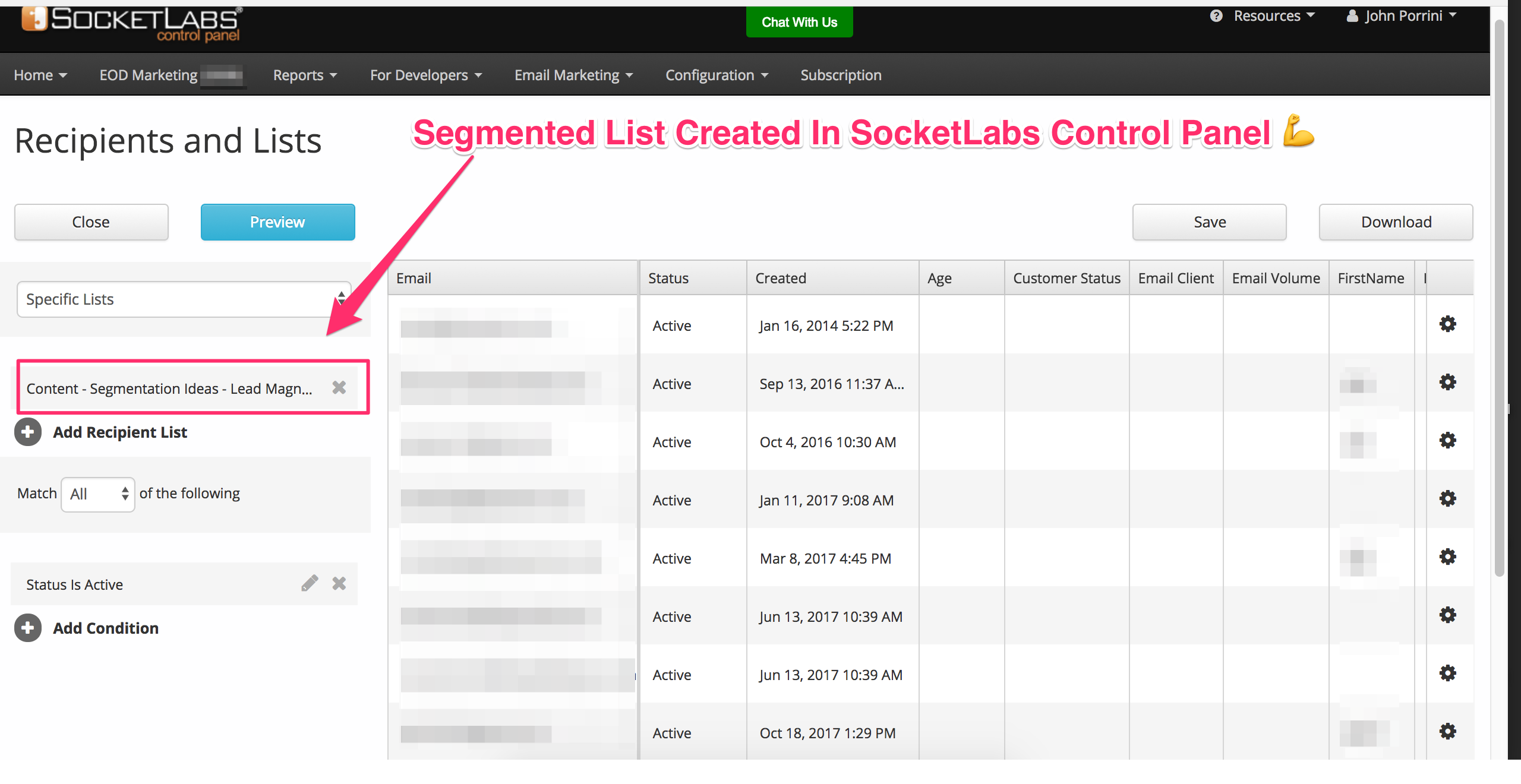 Segmented list created in SocketLabs