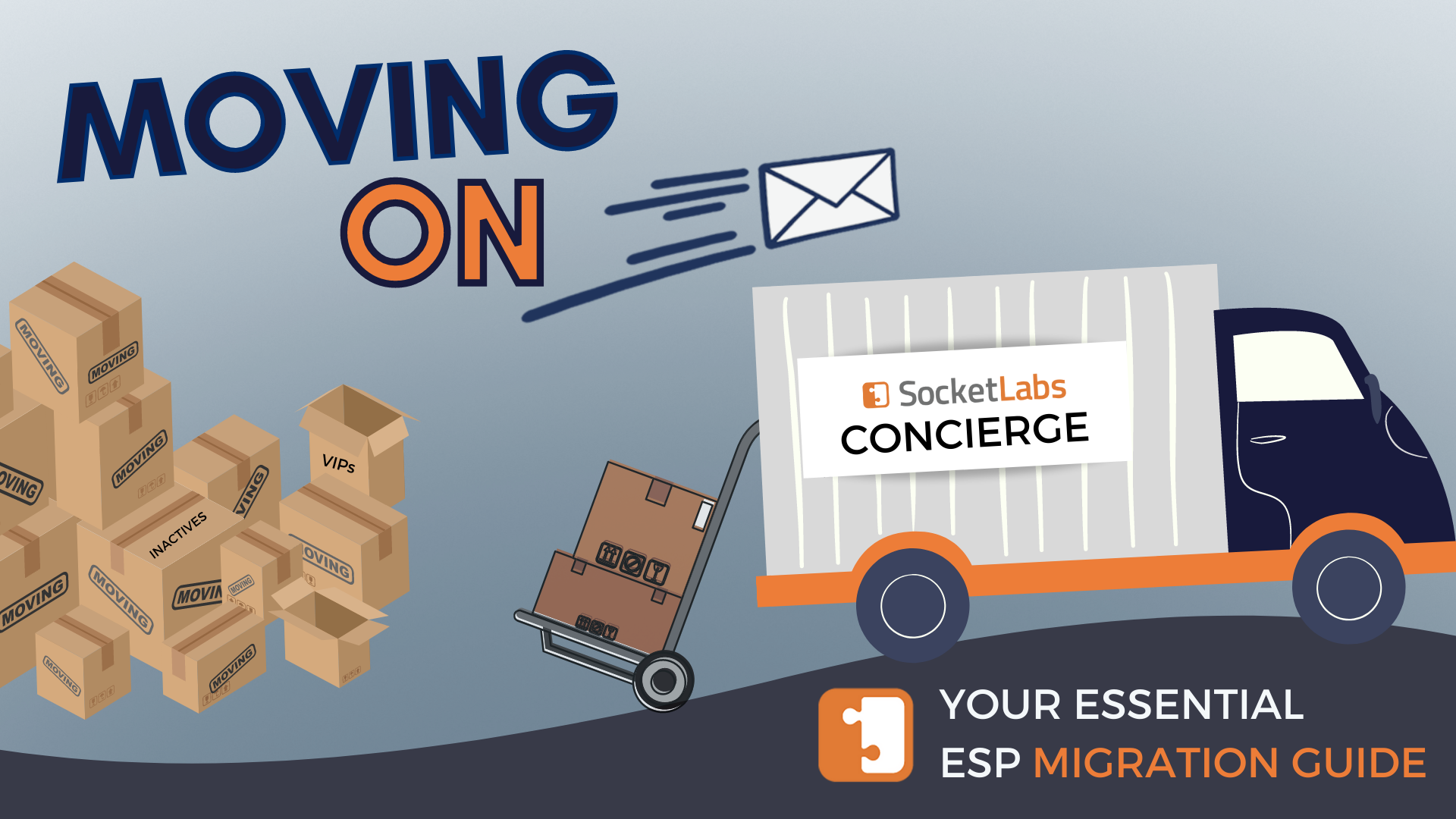 A blog cover with moving boxes and a moving truck, showing someone moving on to a new email delivery provider.