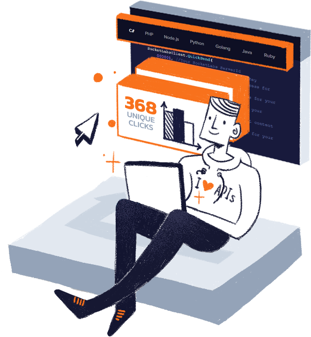 A drawing of a developer happily sending emails with positive results from his SocketLabs account.