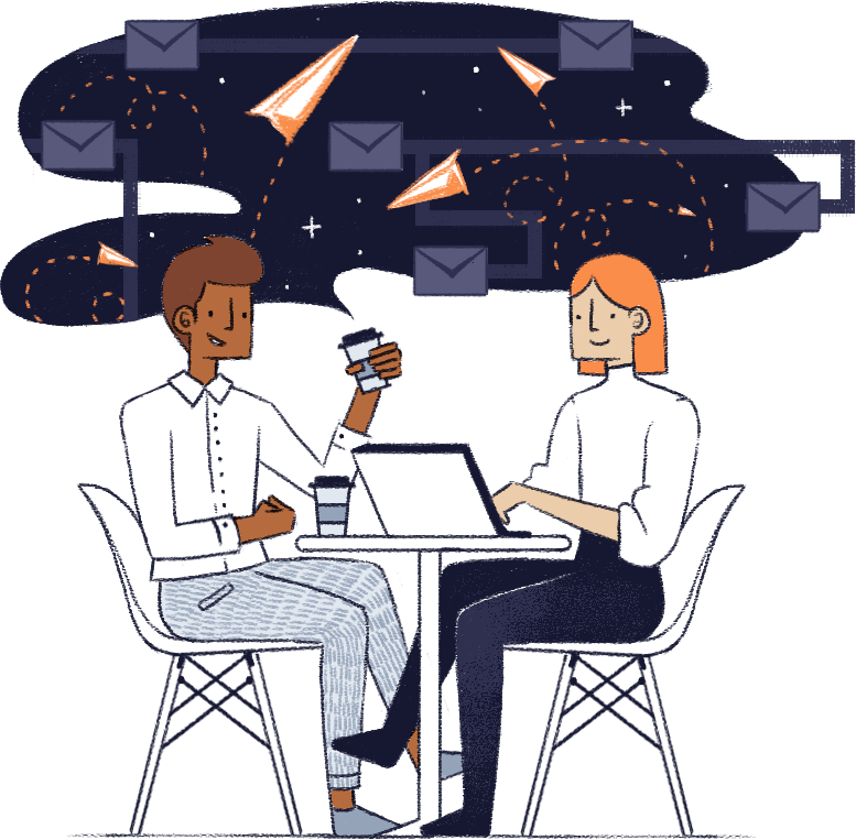 Two people sitting at a table drinking coffee, highlighting the ease of sending your emails with the help of SocketLabs' Concierge