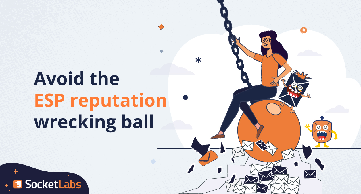 woman swinging on wrecking ball surrounded by envelopes and email monsters ruining reputation