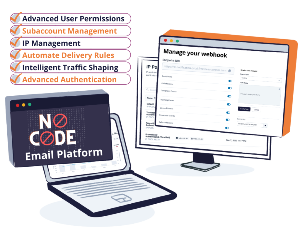 SocketLabs' email platform offers a no-code UI with access to Advanced user permissions, subaccount and IP management, automated delivery rules, intelligent traffic shaping and advanced authentication.