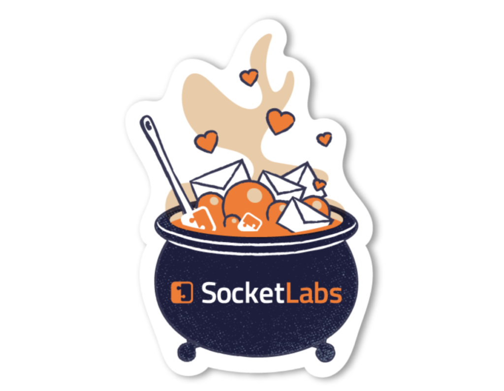 A cauldron bubbling with emails and the SocketLabs logo in it, hearts are coming out with the steam.