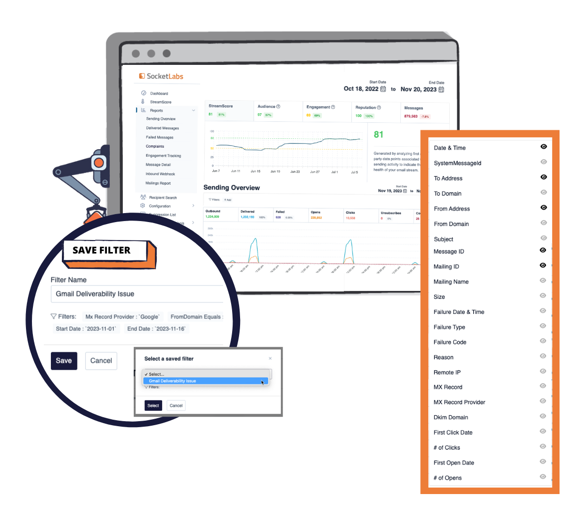 A view of the 20+ filters you can create and save to customize your socketlabs dashboard