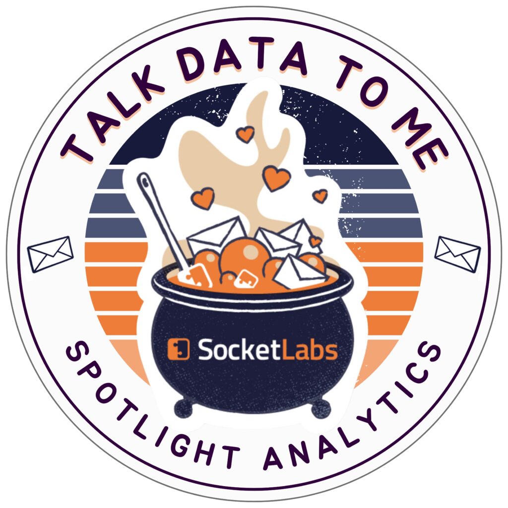SocketLabs ‘Talk Data to Me’ coaster design featuring a dark cauldron filled with envelopes and hearts, representing Spotlight Email Analytics and a playful take on data and deliverability.